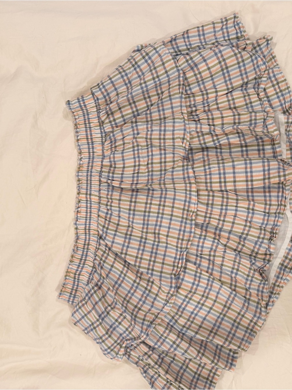 aerie Plaid Ruffle Mini Skirt in Blue, Tan, Green, Orange